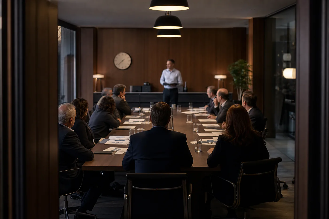 Tabletop crisis exercise in a boardroom with incident timeline and wall clock
