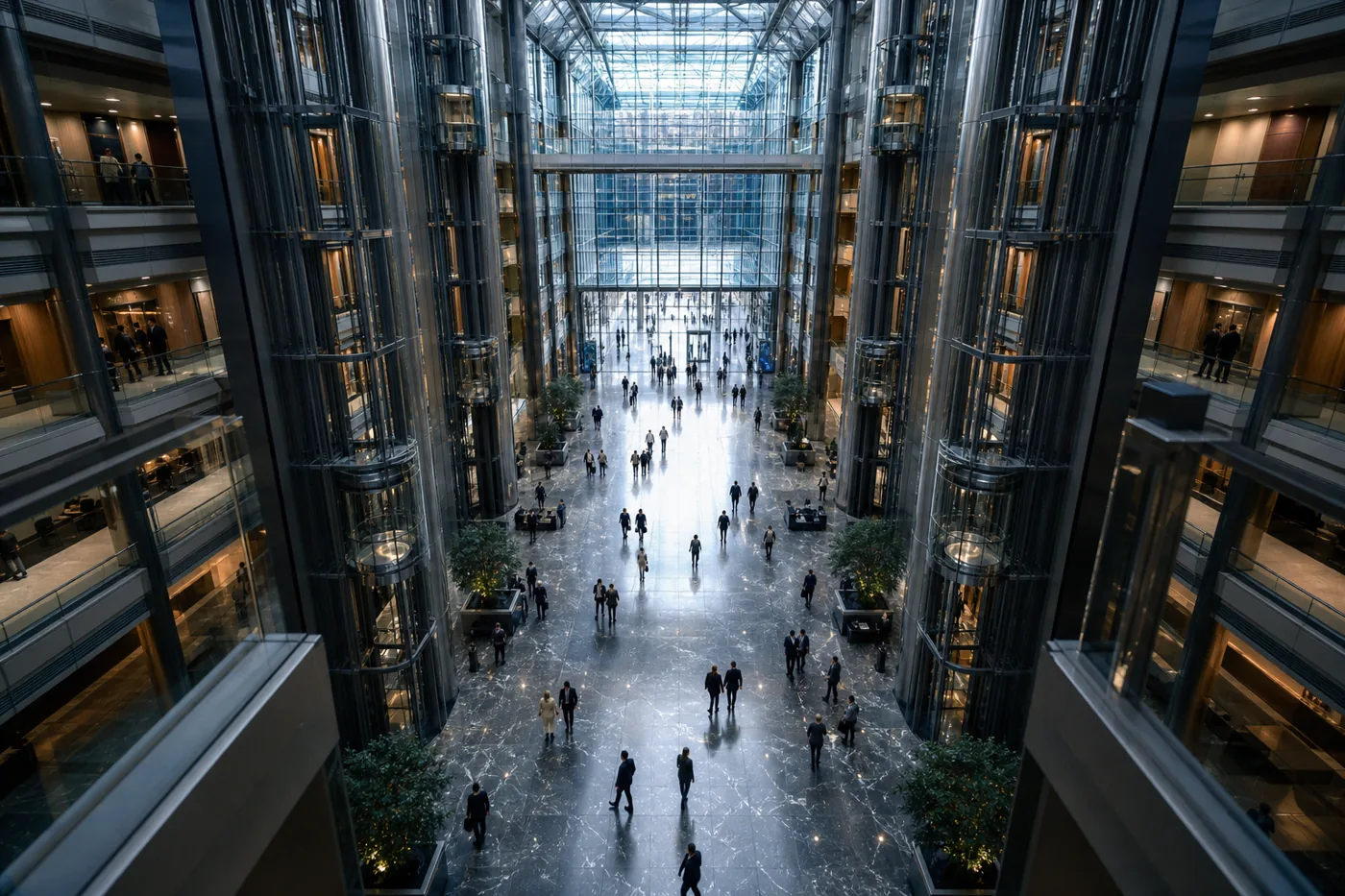 Vast corporate atrium with tiny figures showing Big Four scale