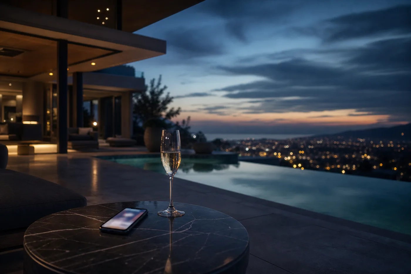 Smartphone glowing on a villa terrace table, wealth attracting digital threats