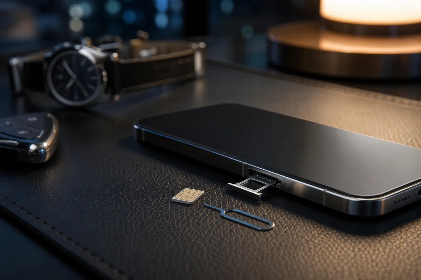 Smartphone with ejected SIM tray on a leather desk, SIM swap risk
