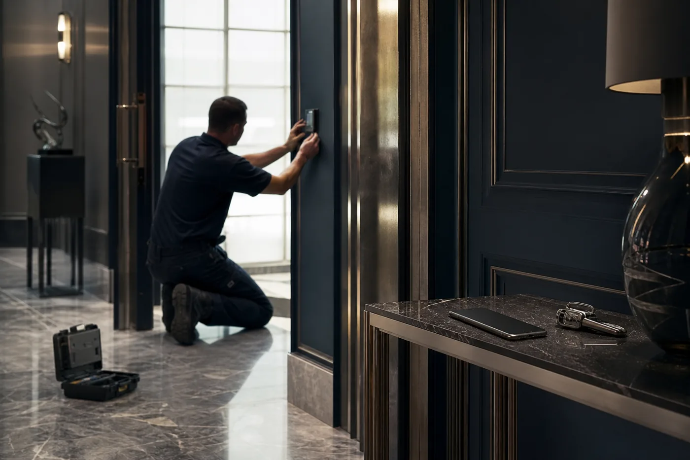 Contractor installing a smart home device at a luxury residence service entrance