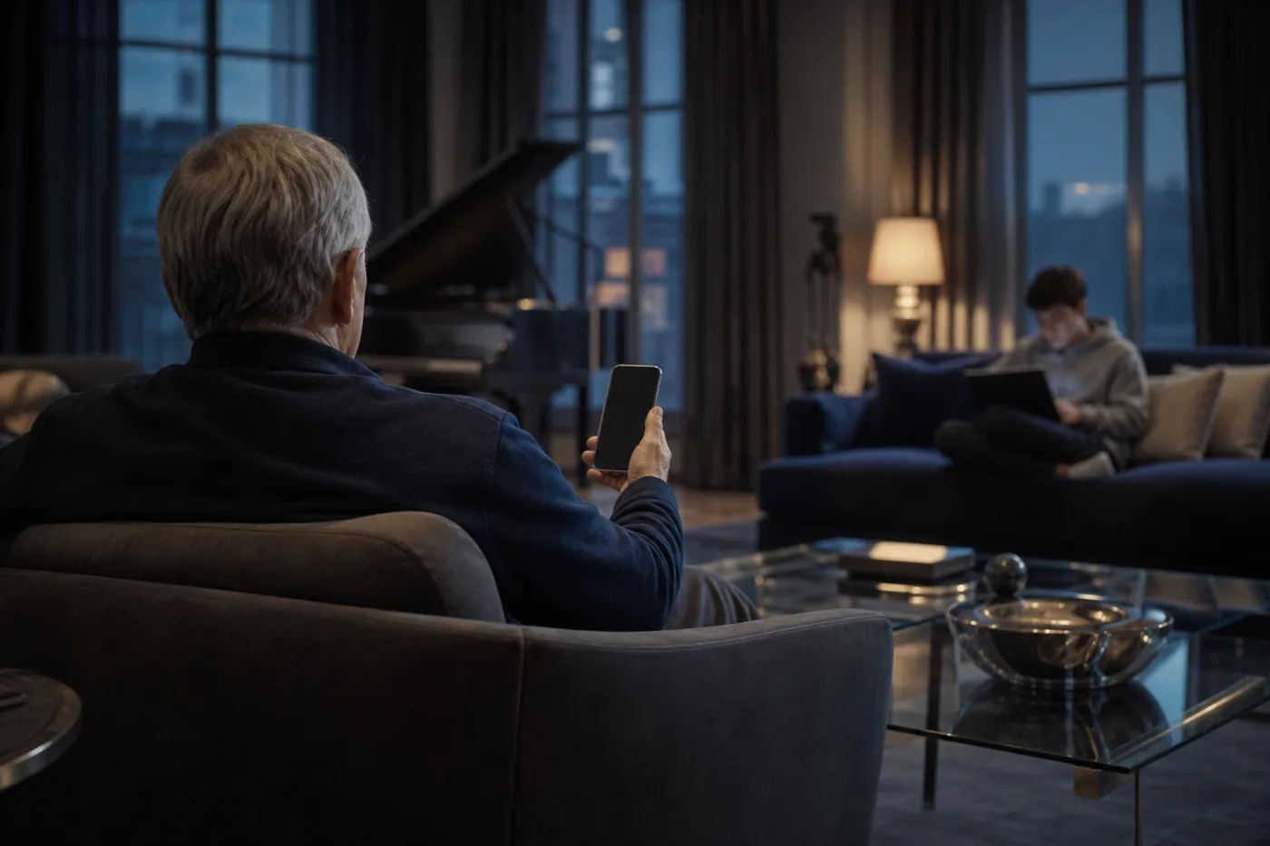 Elderly man holding a ringing phone in a family living room