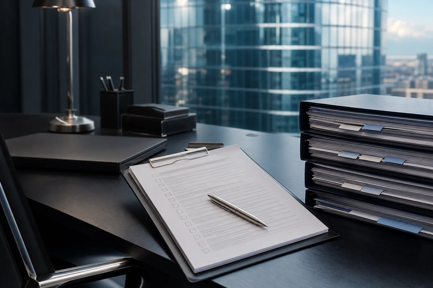 Compliance checklist on a clipboard with regulation binders on a bank desk
