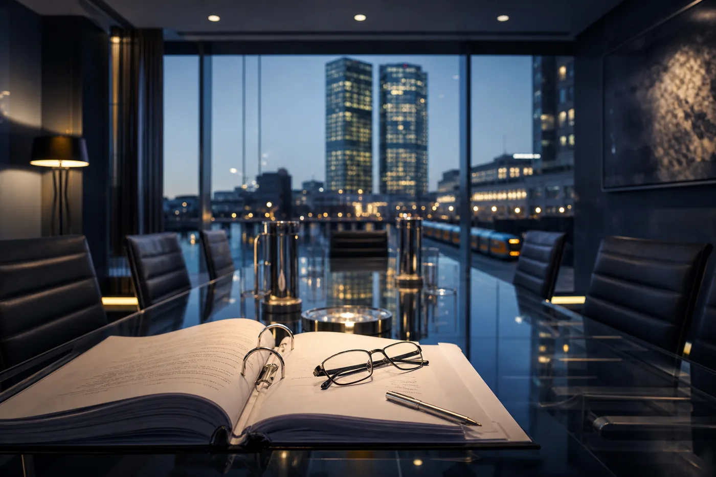 Regulation binder and glasses on a table in a European financial district boardroom