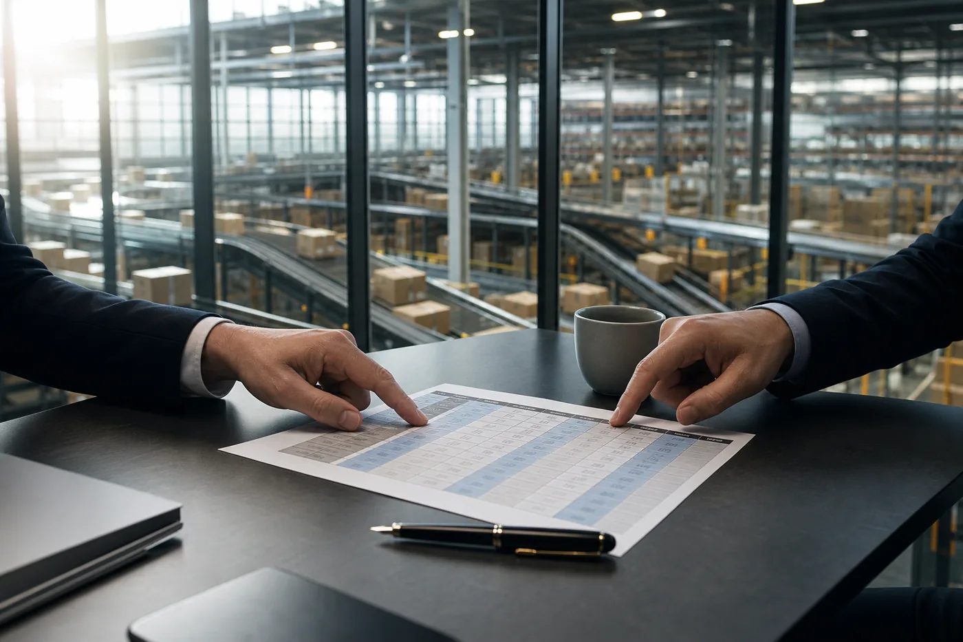 Vendor comparison grid reviewed in a meeting room above a fulfillment floor