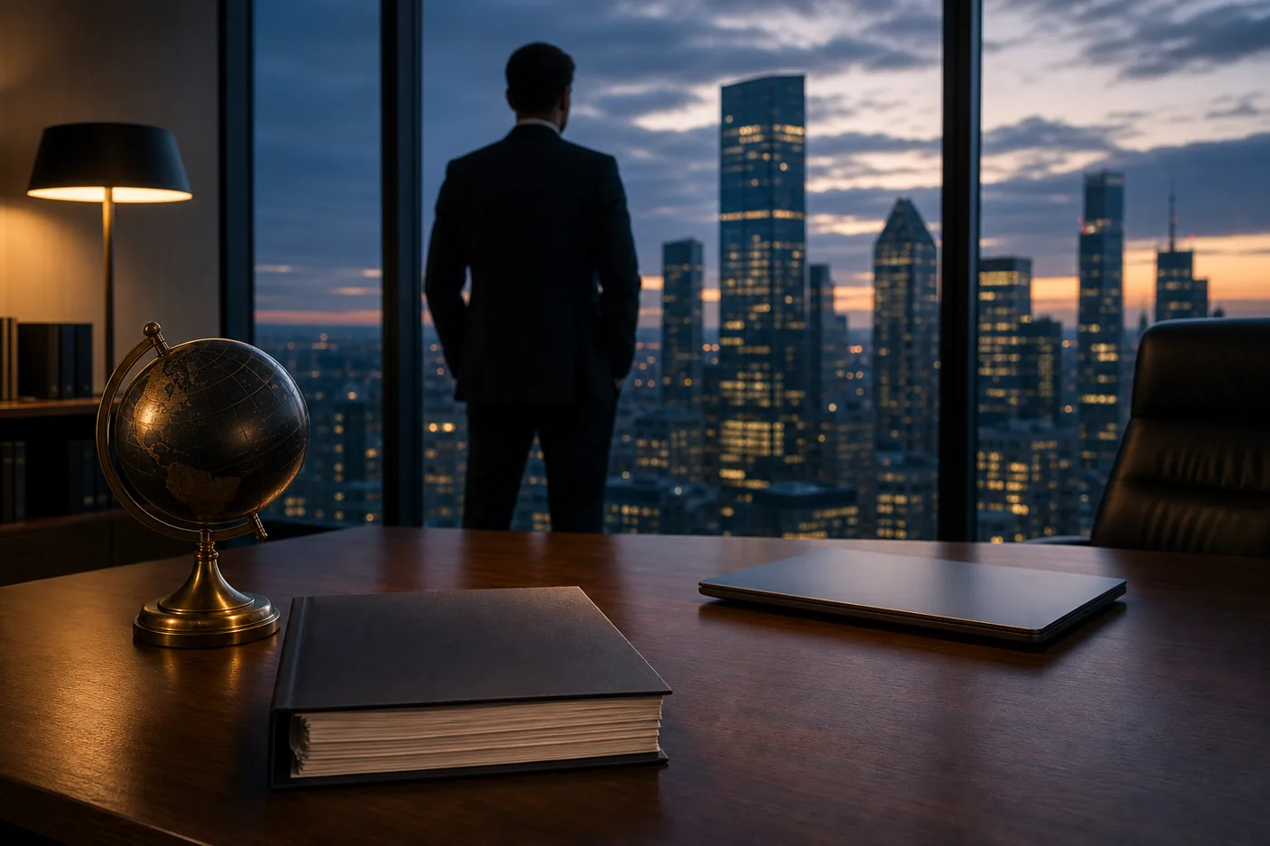 Bound audit report on a consultant's desk above a glowing business district