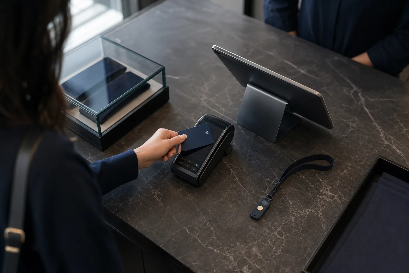 Boutique checkout counter with payment terminal and hardware authentication key