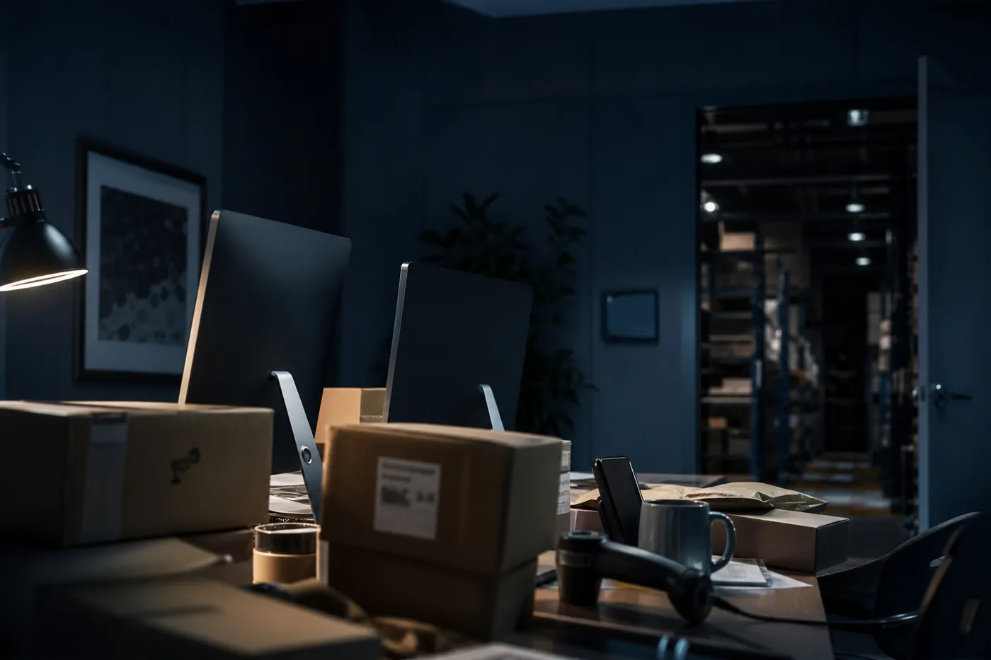 Ecommerce back office after hours with parcels, labels and glowing monitors