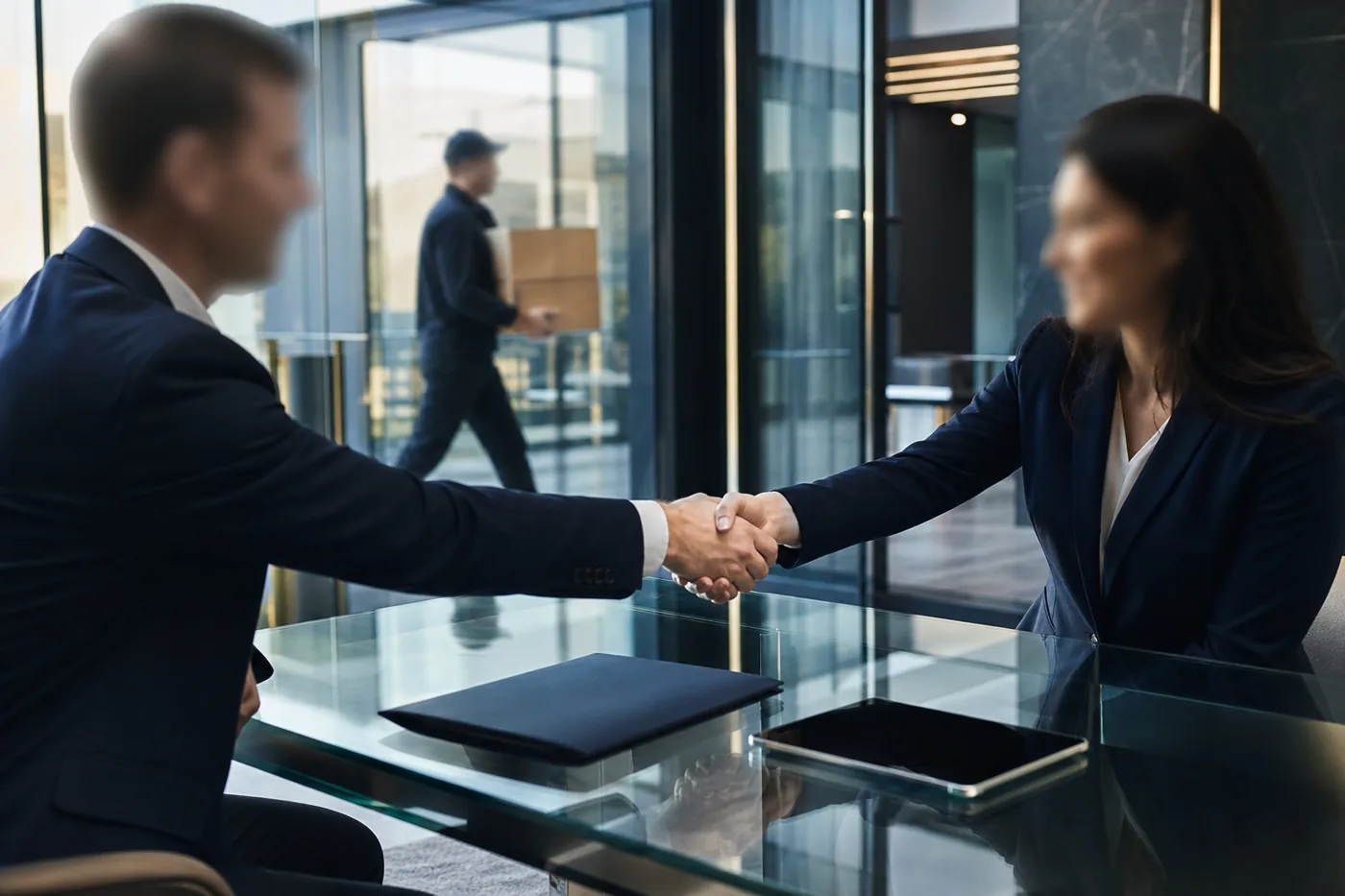 Handshake across a glass desk as a courier delivers parcels