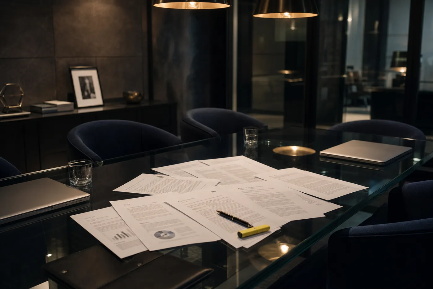 Draft security policy pages spread on a family office conference table