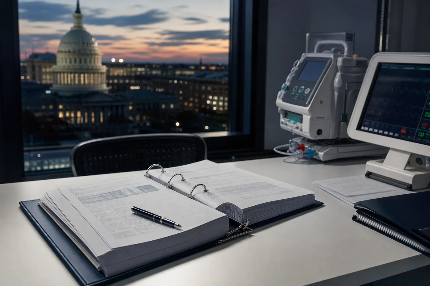Premarket submission binder beside medical devices on a regulatory affairs desk
