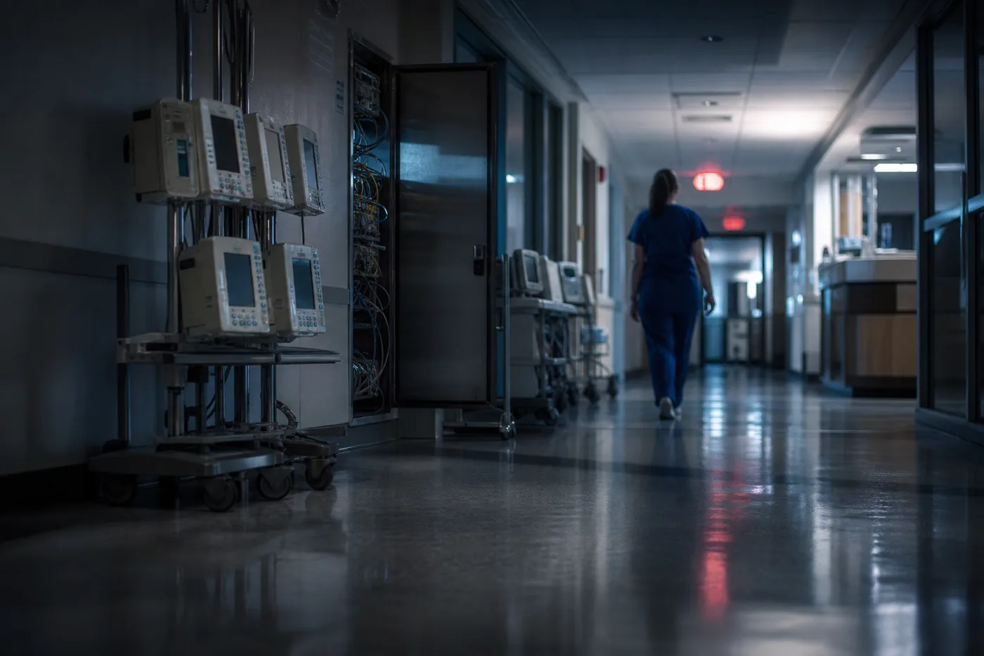 Hospital corridor at night lined with aging networked medical devices