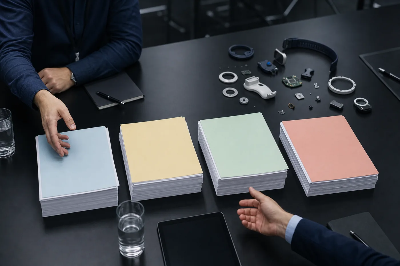 Stacks of submission documents beside a disassembled wearable medical device