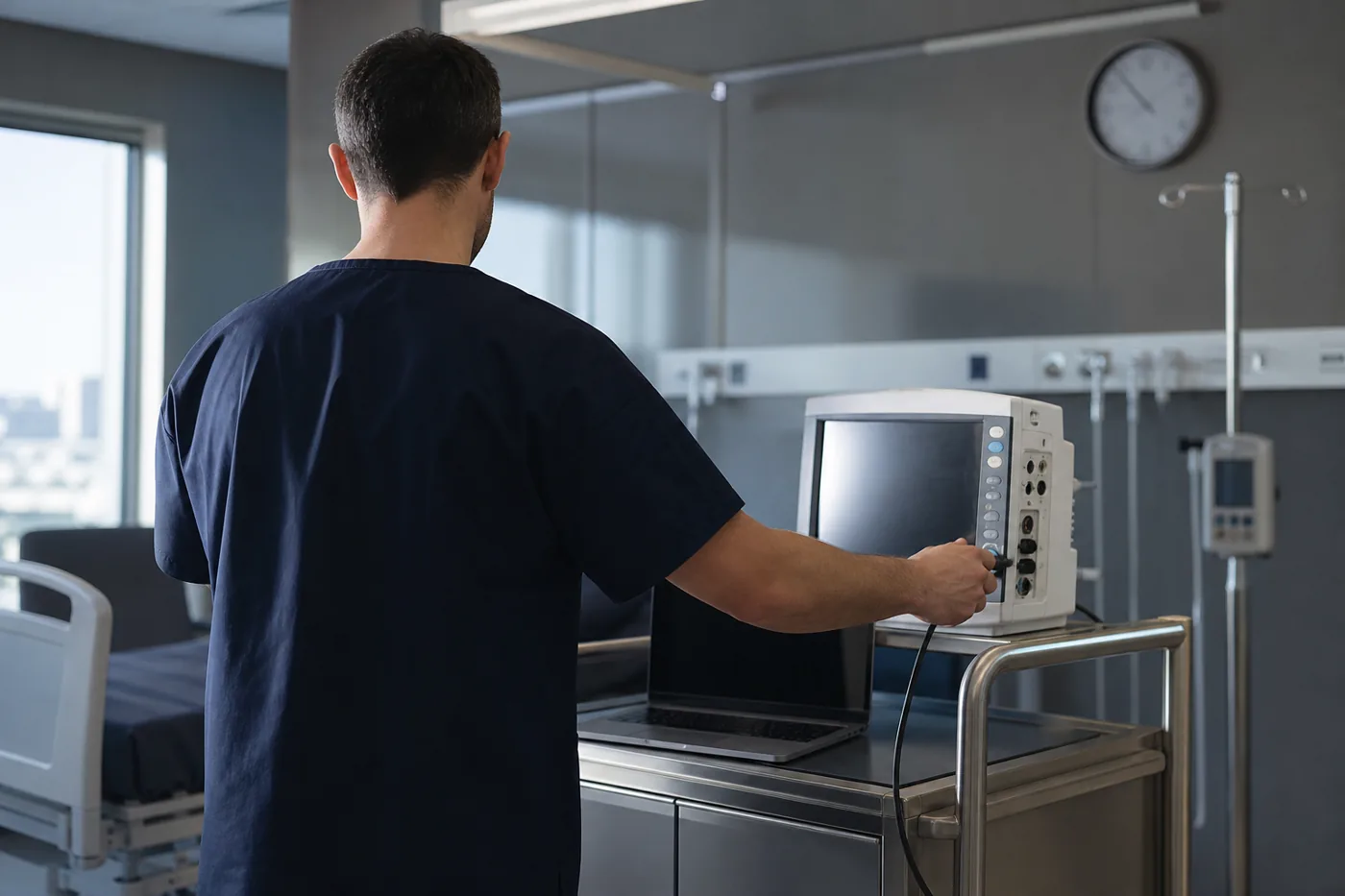Technician connecting a service cable to a bedside patient monitor