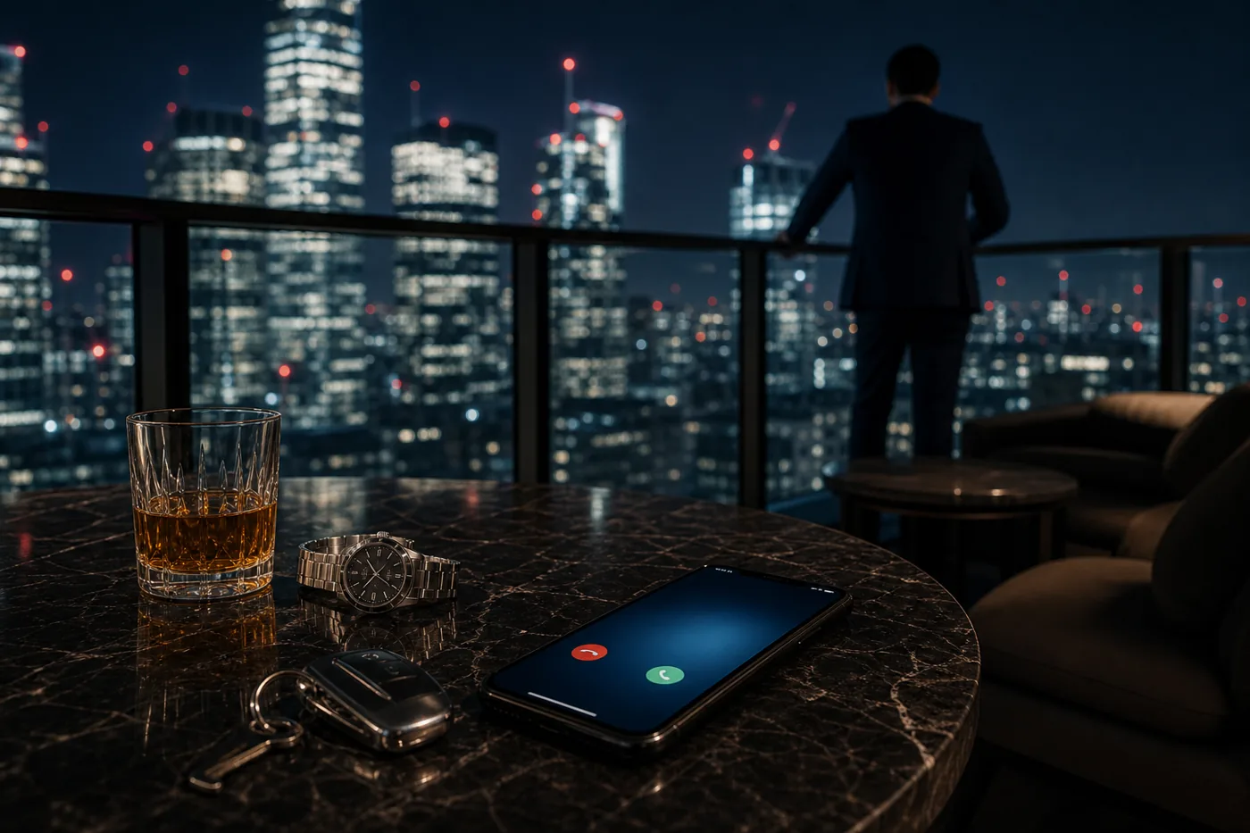 Smartphone, watch and car keys on a penthouse terrace table at night