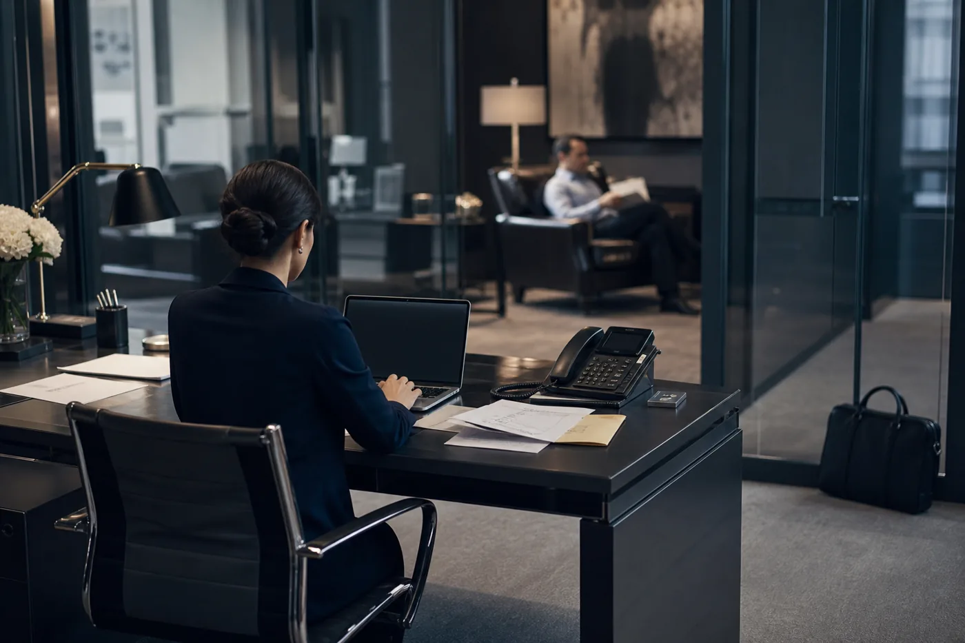 Personal assistant handling correspondence in a family office suite