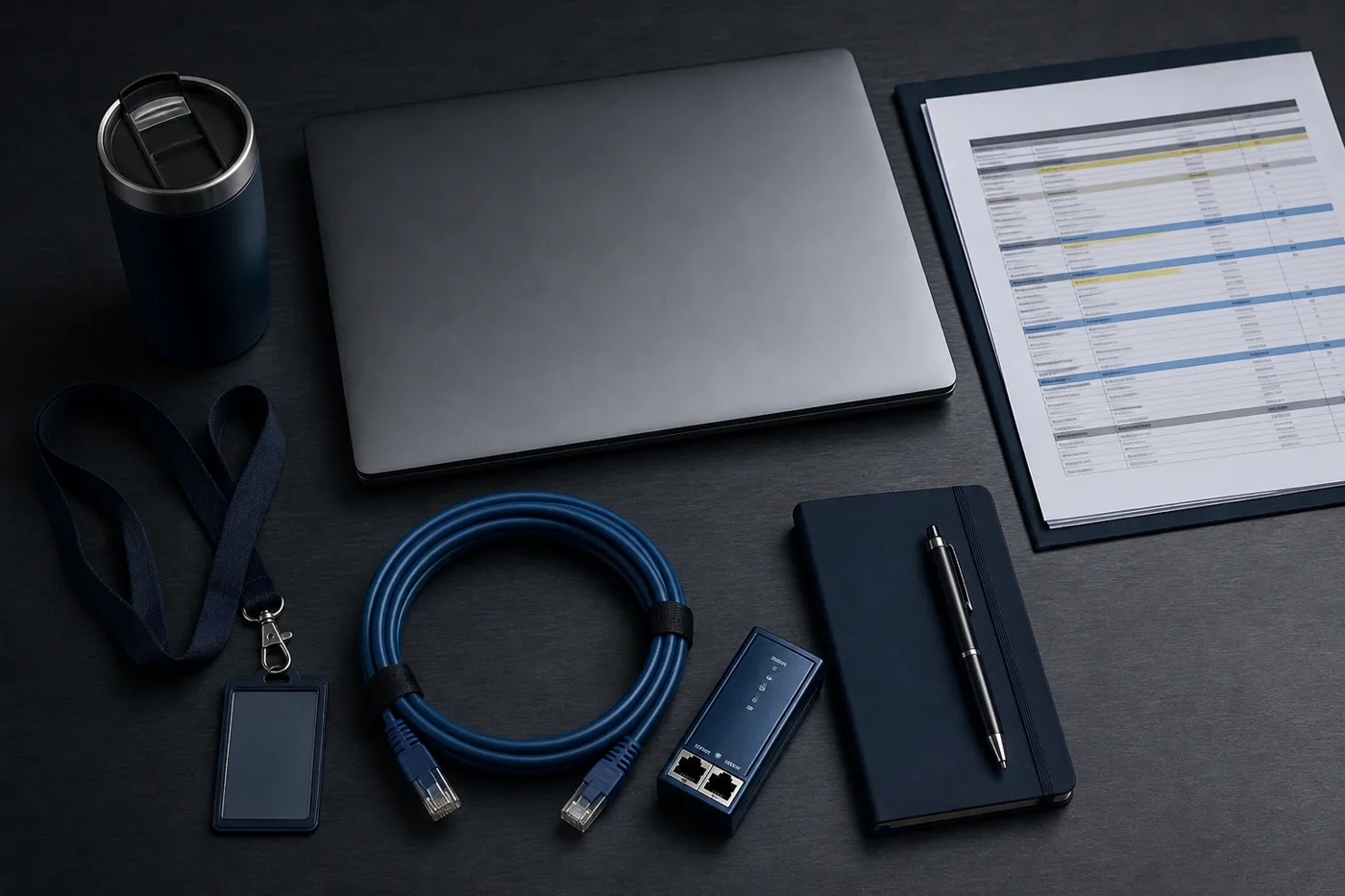 Security consultant's assessment kit laid out on a steel desk