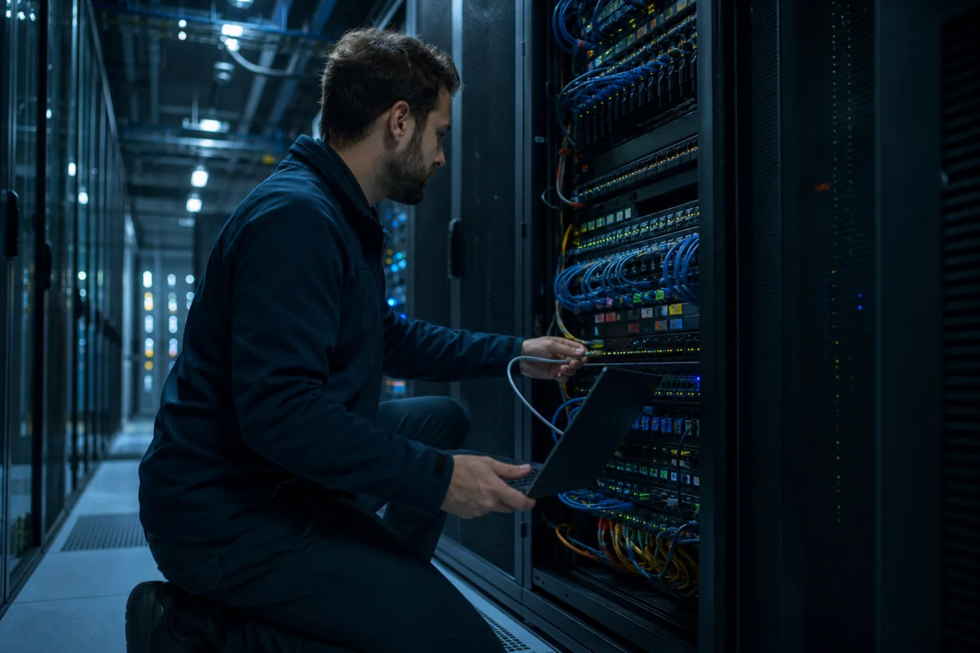 Technician connecting a laptop to a patch panel in a server room