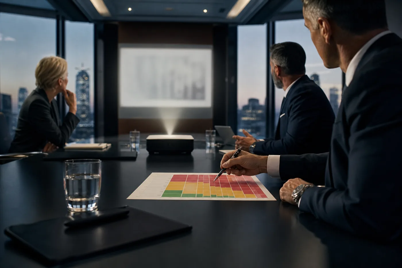 Executives reviewing a printed risk heat map in a boardroom