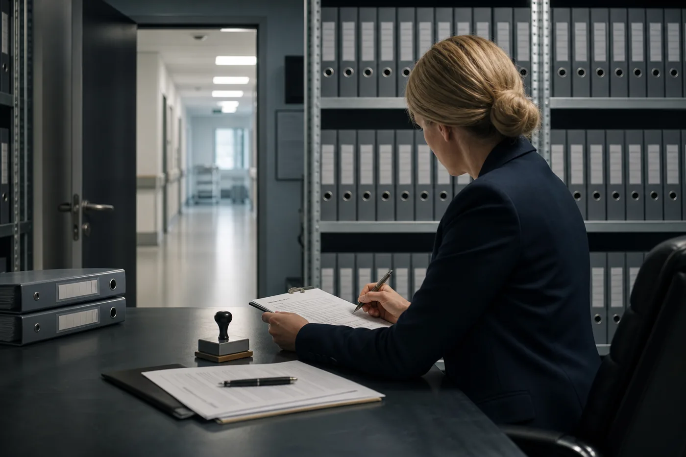 Compliance auditor reviewing attestation forms in a records room