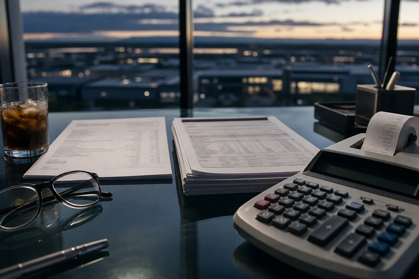 Invoice, itemized estimate and calculator on a glass desk at dusk