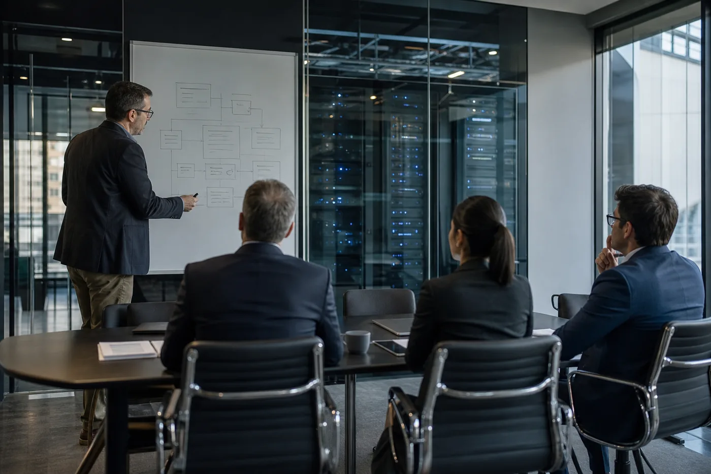 Consultant scoping an assessment at a whiteboard with client staff