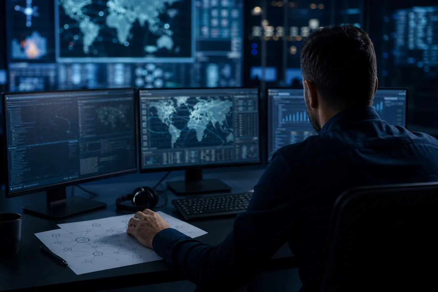 Security analyst's workstation with a marked network map in a dim operations room