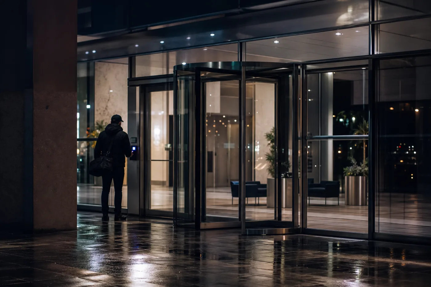 Penetration tester testing a card reader at a corporate entrance at night