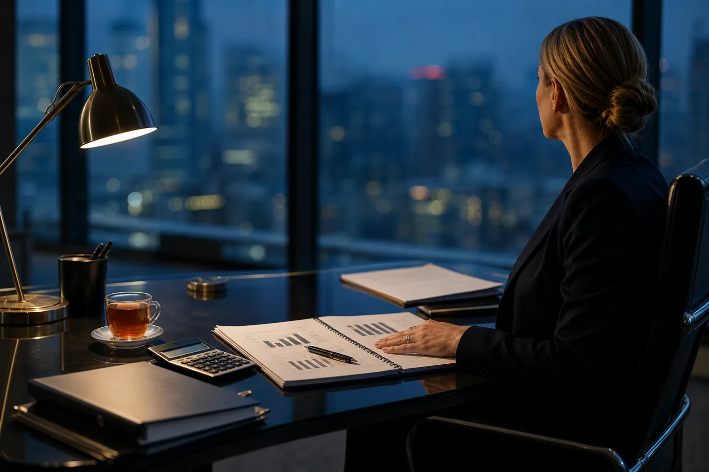 Finance director reviewing a bound risk report with bar charts at dusk