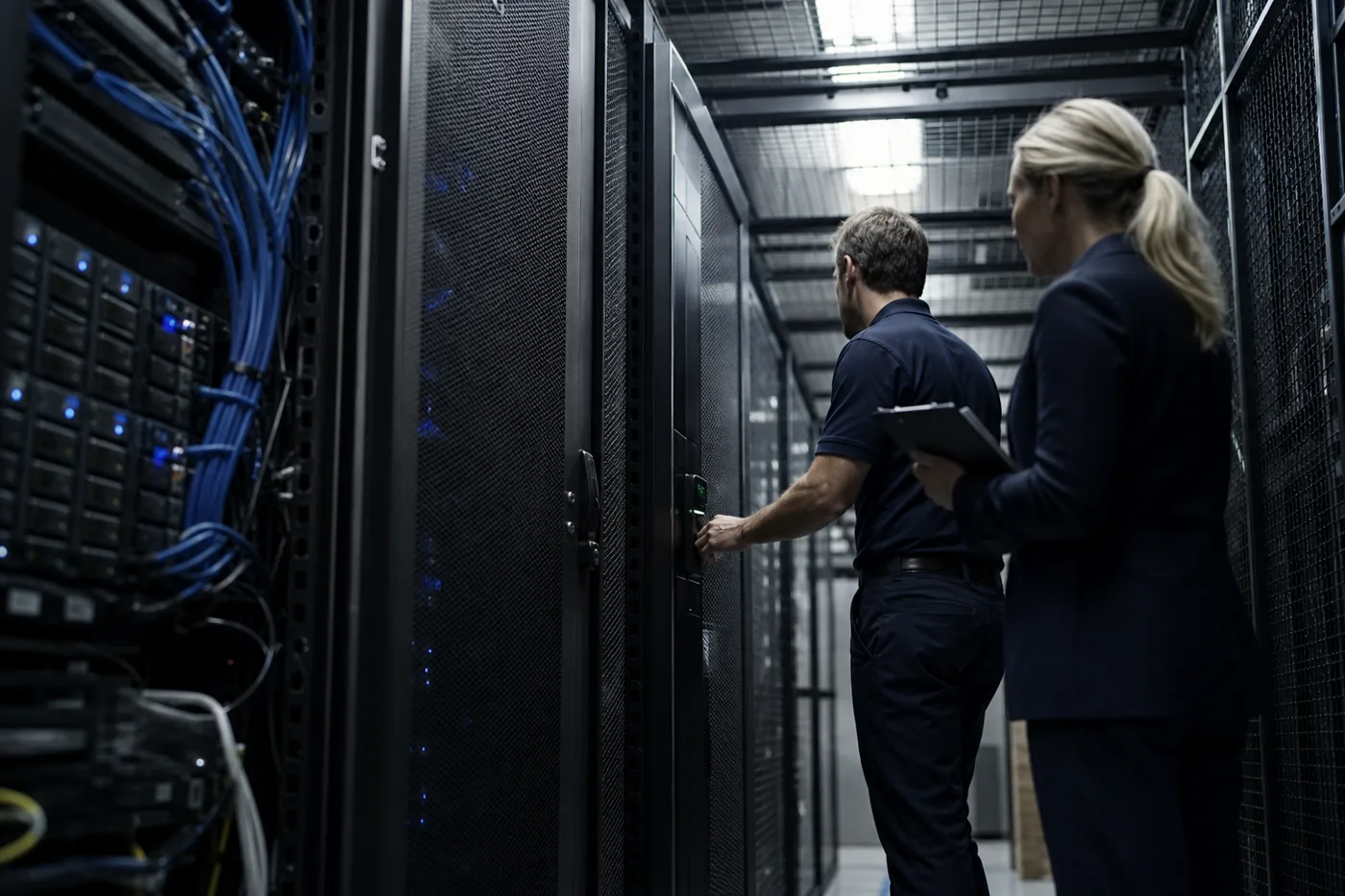 Auditor inspecting a locked server cabinet in a caged data center aisle