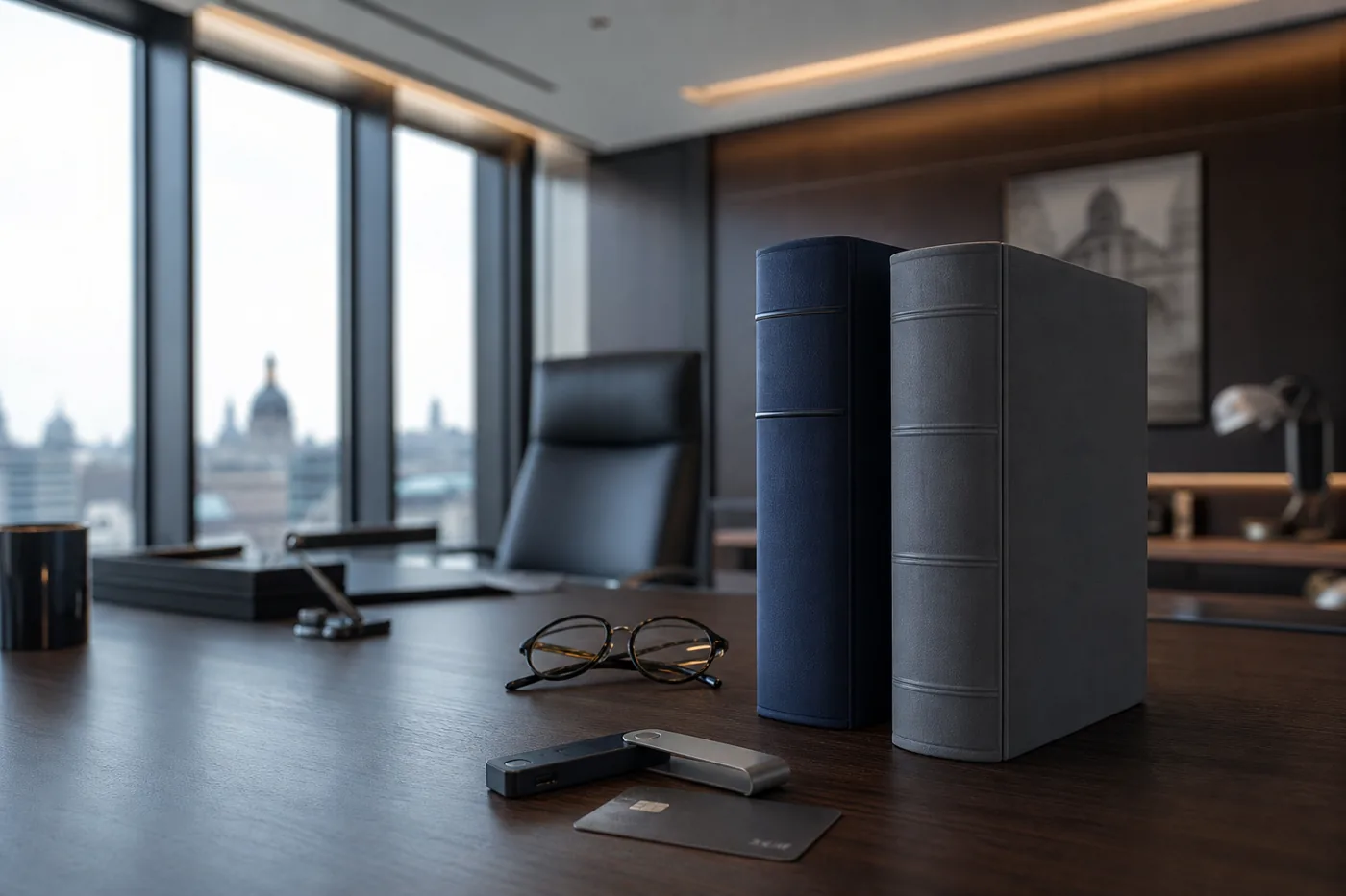 Two bound regulatory volumes beside a hardware wallet and bank card