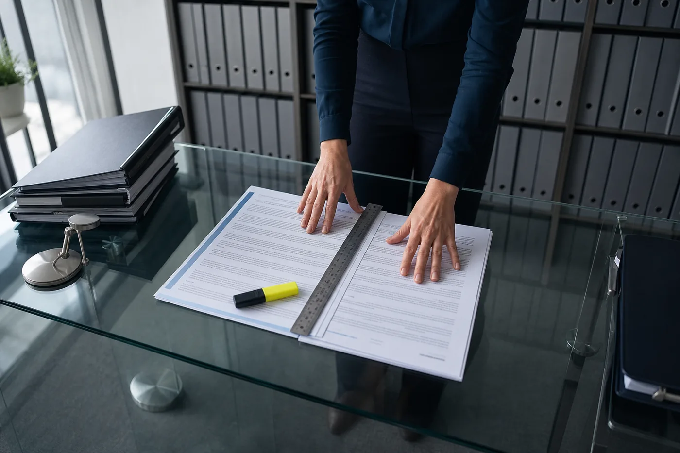 Two document sets overlapping on a light table in a compliance office