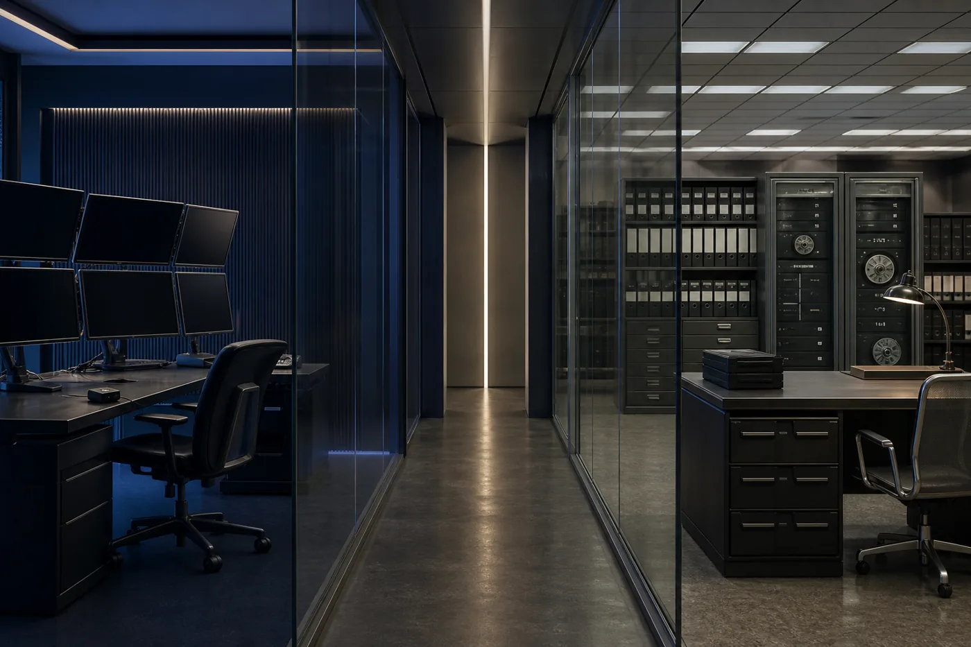 Crypto trading desk and bank operations room divided by a glass partition