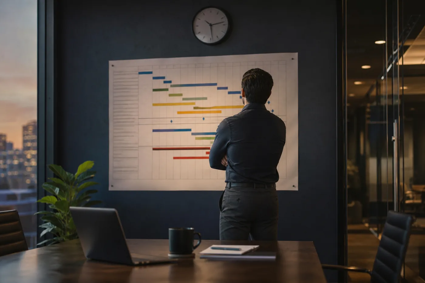 Printed timeline chart and analog clock on a program office wall