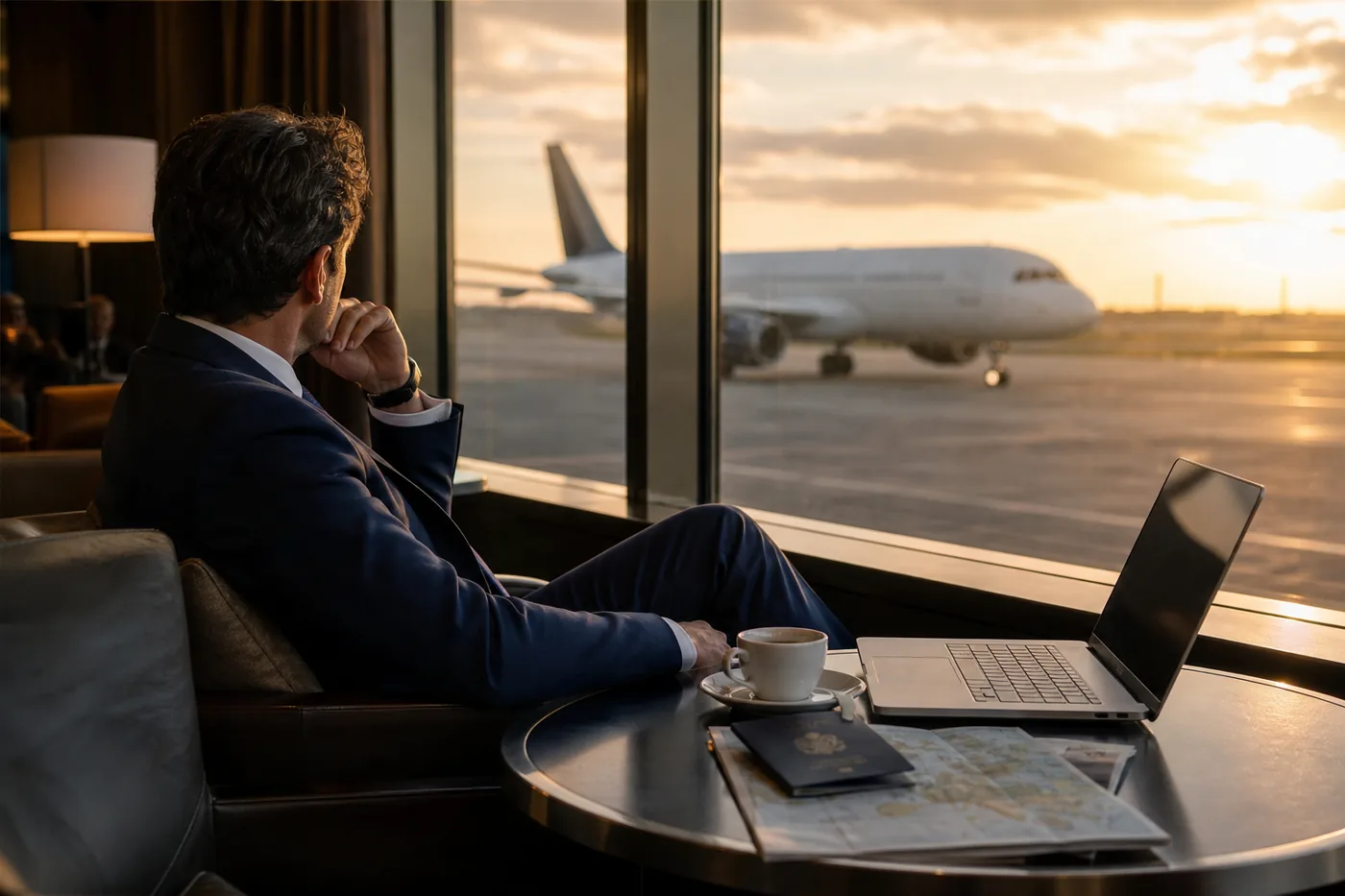 Executive with passport and map of Europe in an airport lounge