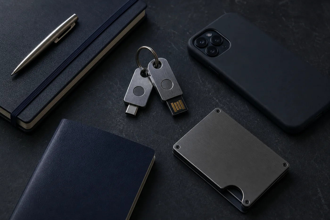 Hardware security keys, phone and notebook laid out on dark slate