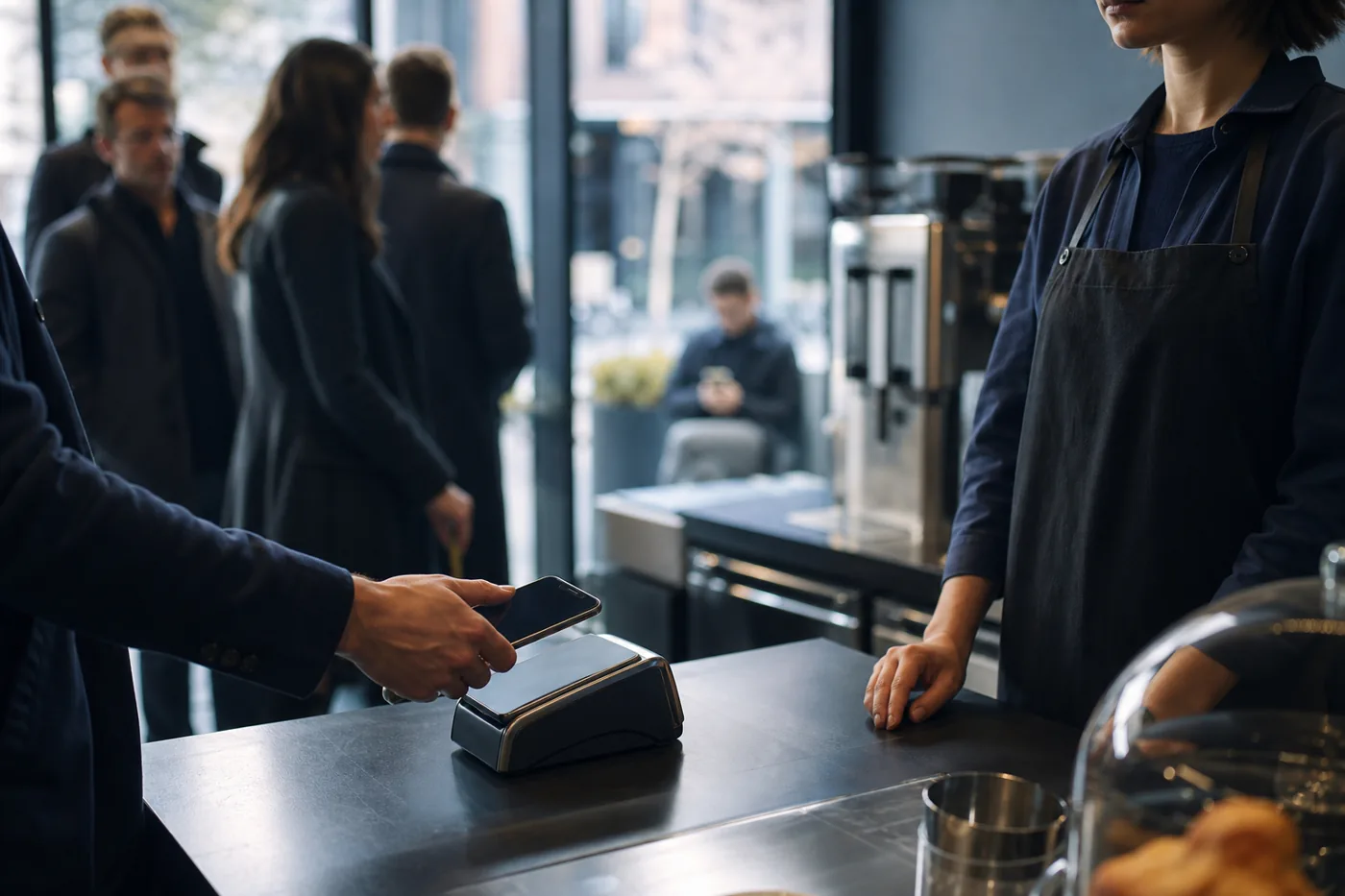 Customer paying by phone at a cafe while a stranger watches