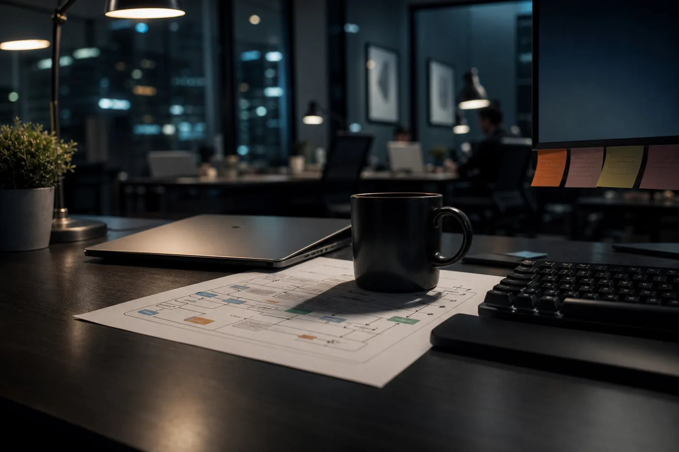 Cloud engineer's desk with a printed architecture diagram late at night
