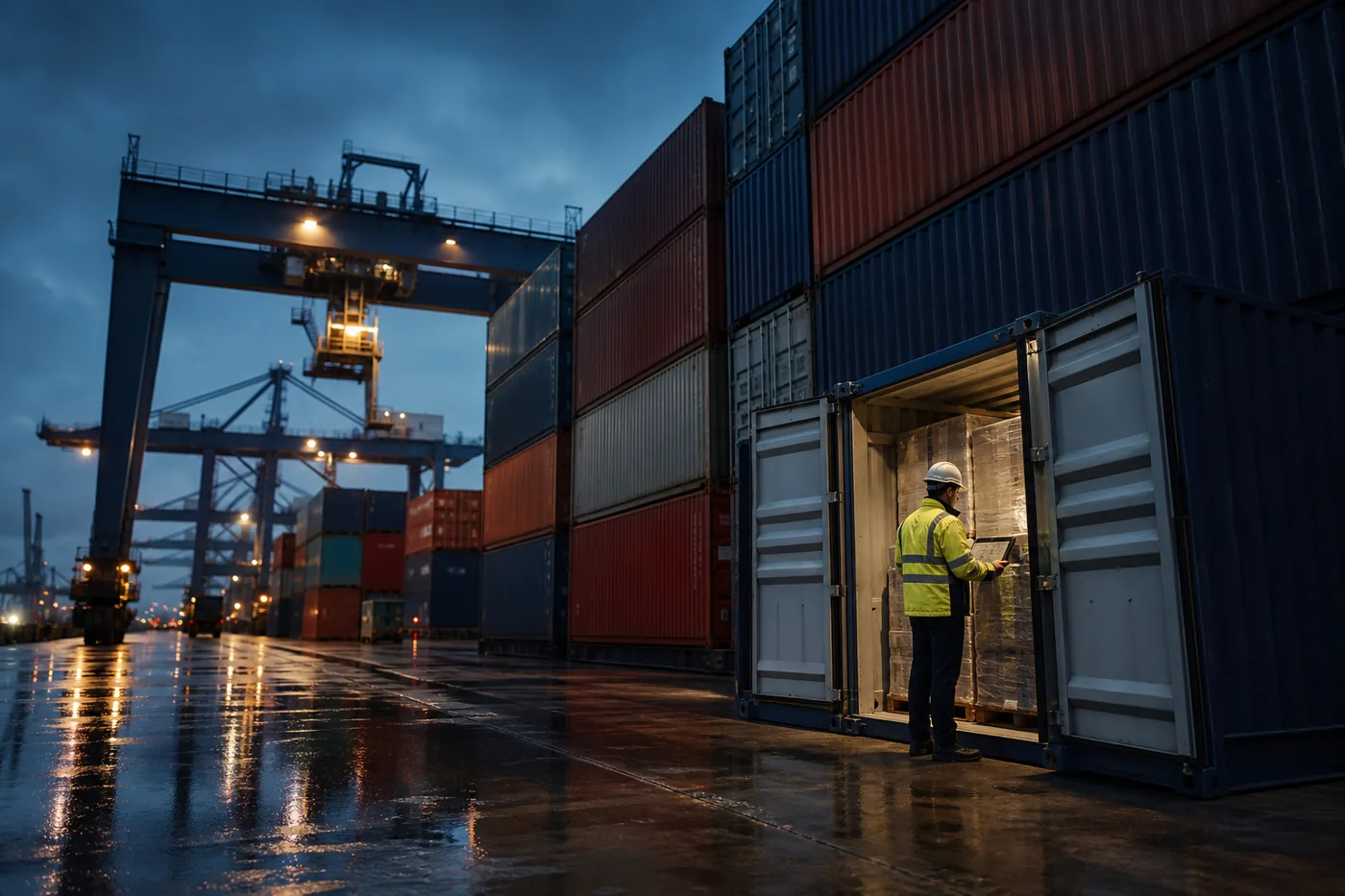 Inspector checking an open shipping container at a terminal at dusk