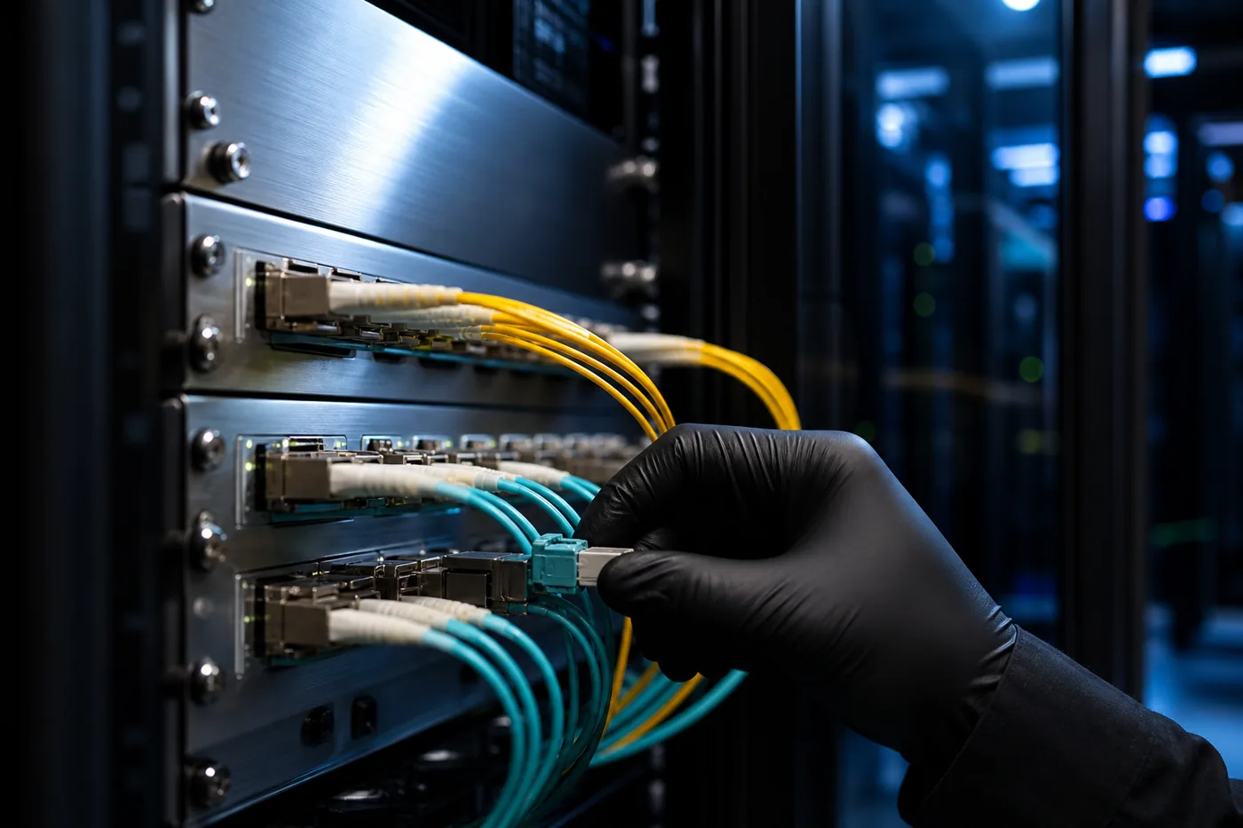 Technician seating a fiber patch cord in a data hall interconnect panel