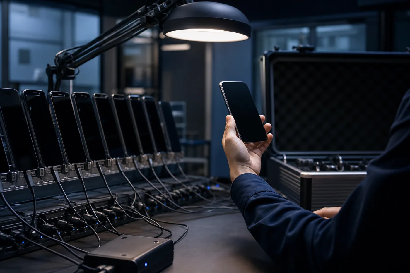 Rack of tethered smartphones in a mobile security test lab