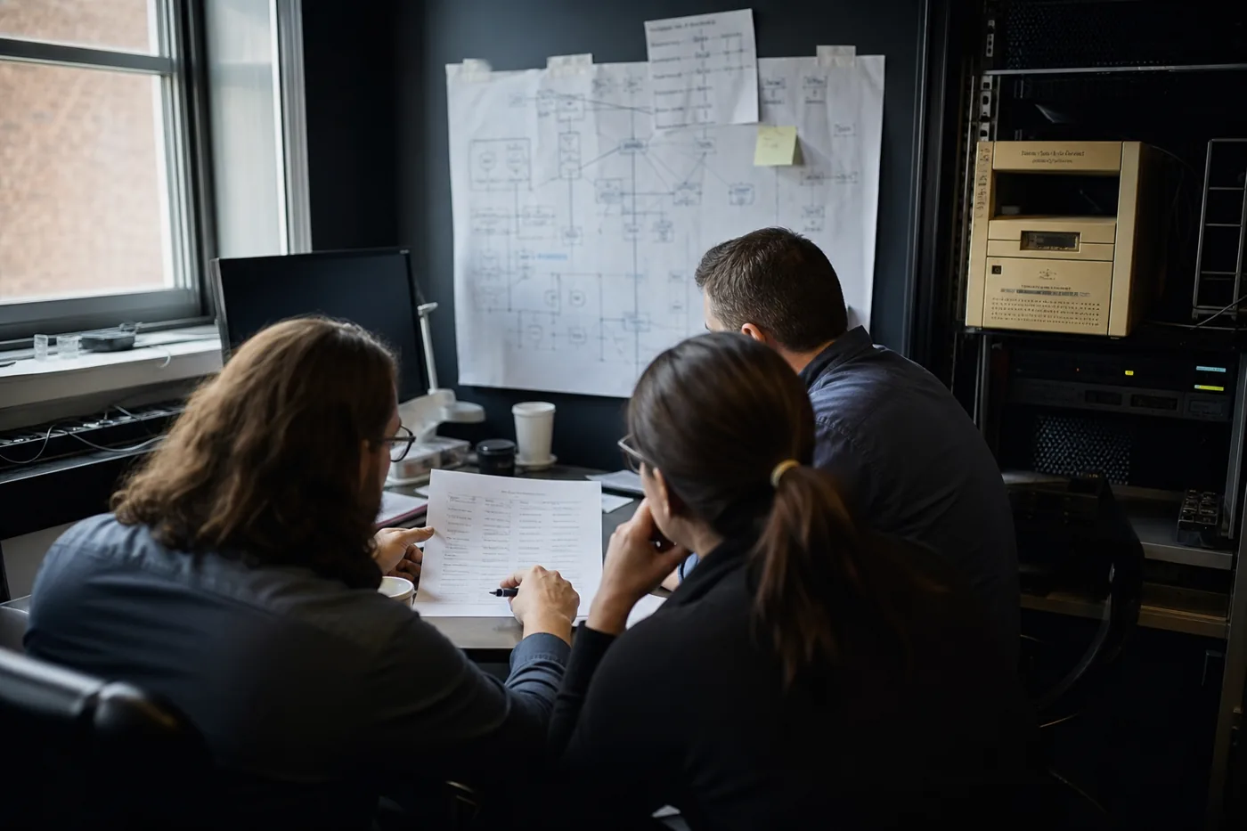 In-house IT team reviewing a checklist beside a hand-drawn network map
