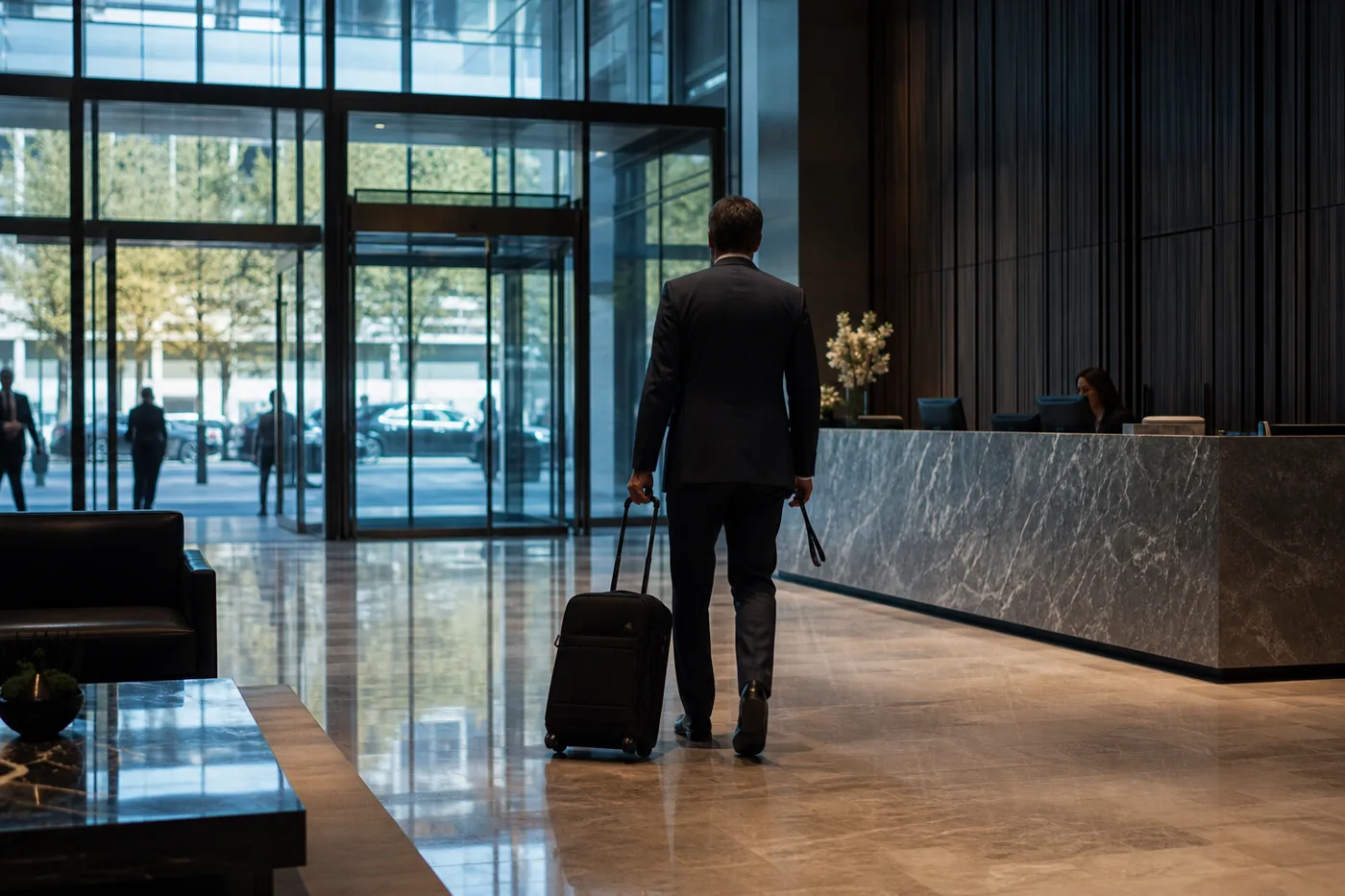 External auditor arriving with a rolling case at a corporate lobby