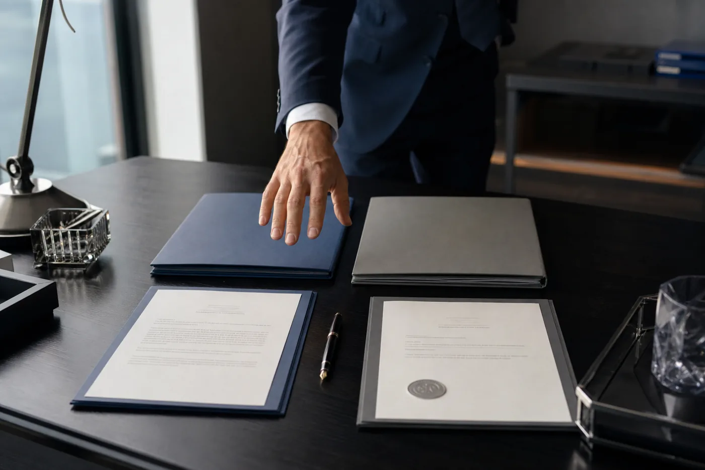 Two folders, an insurance policy and a compliance letter on an executive desk