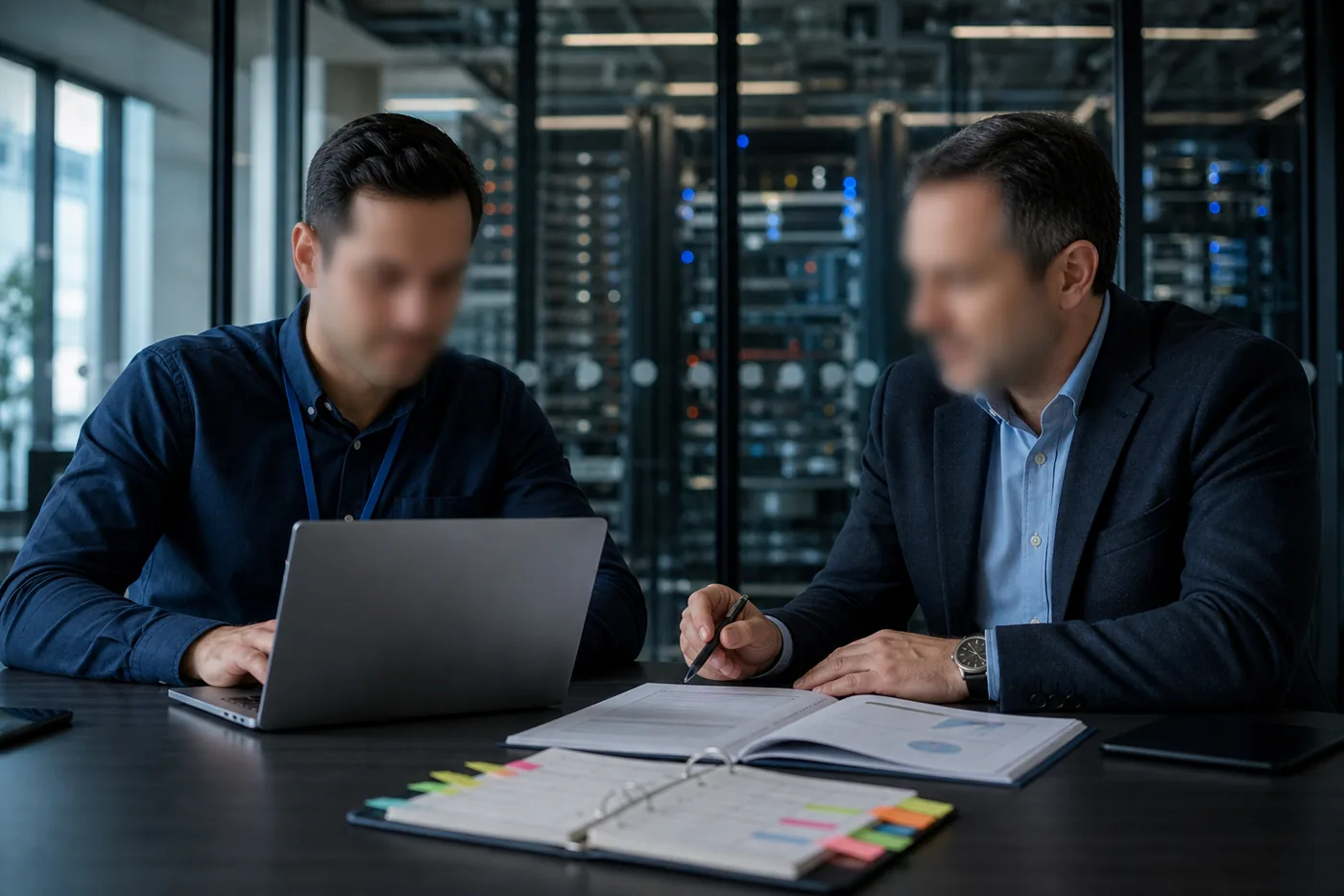 Internal engineer and external consultant working side by side at a table