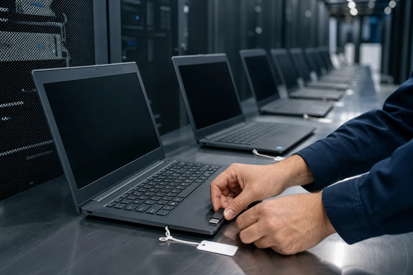 Row of business laptops on an IT deployment bench being configured