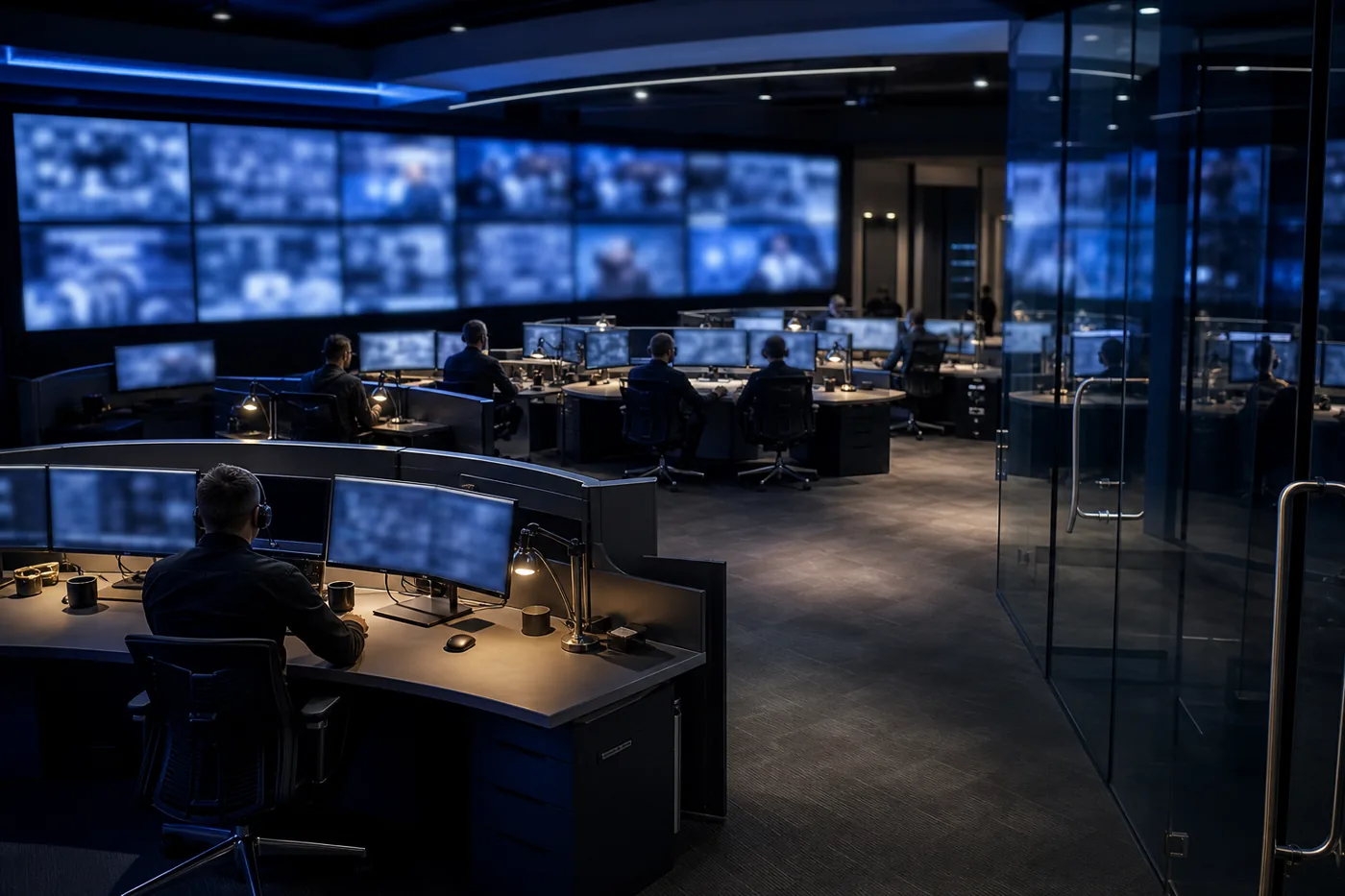 Security operations floor at night with analysts and glowing wall display