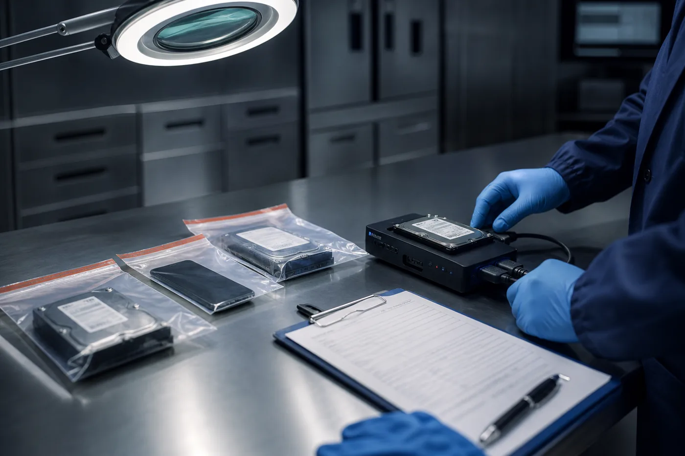 Forensics lab bench with evidence bags, write blocker and custody form