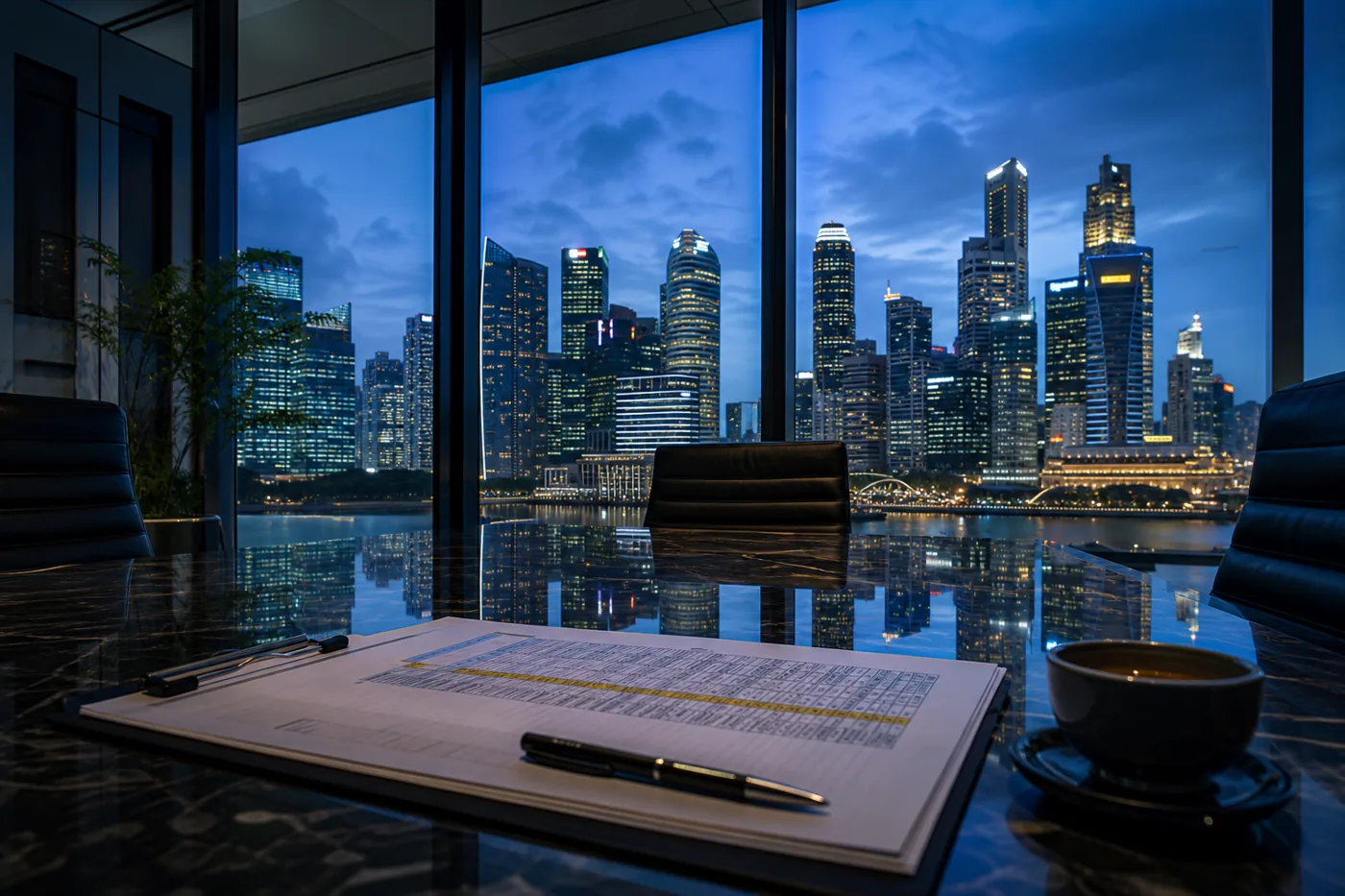 Printed checklist on a bank conference table above Singapore's skyline