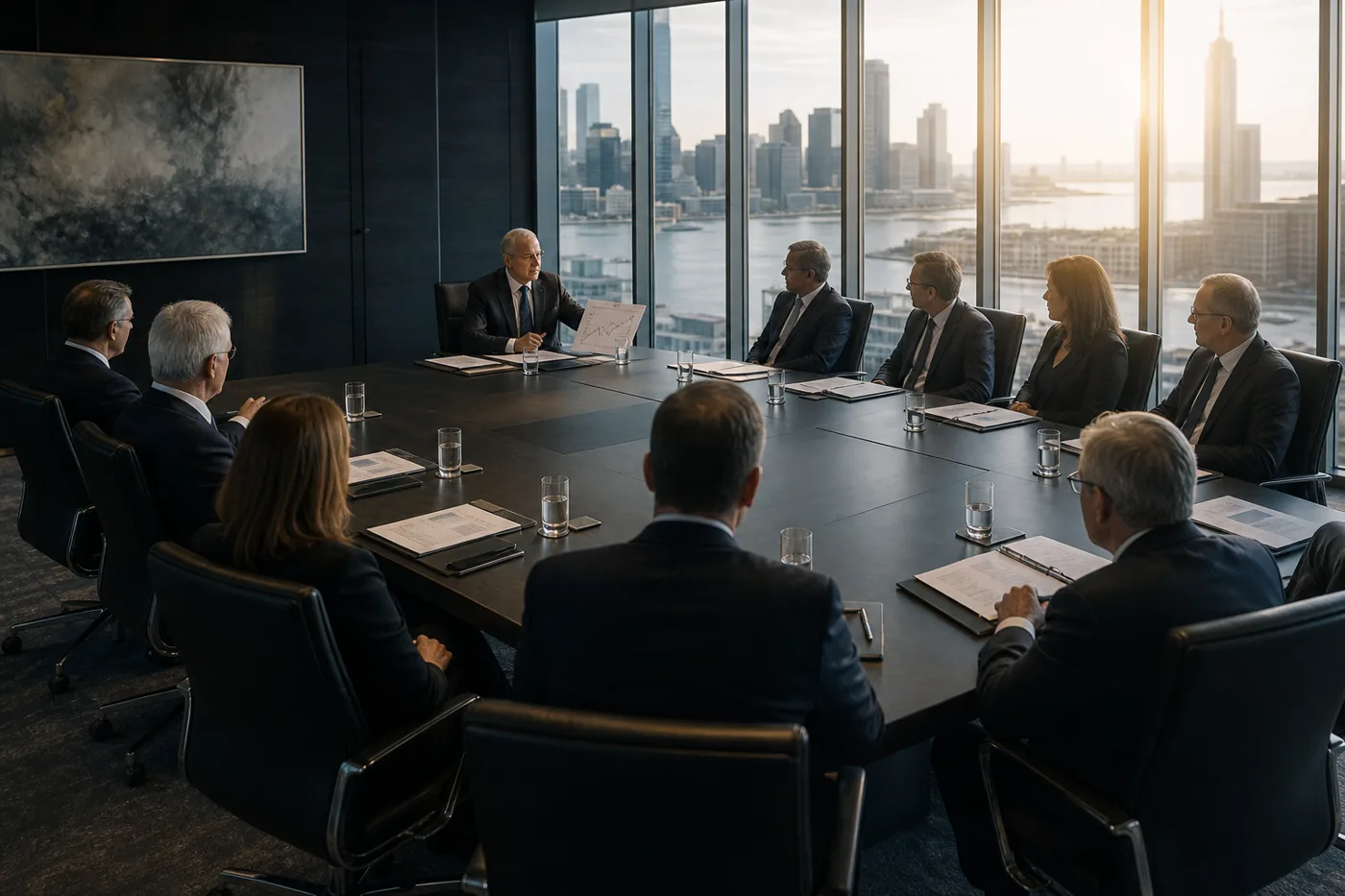 Bank directors seated around a boardroom table during a governance session